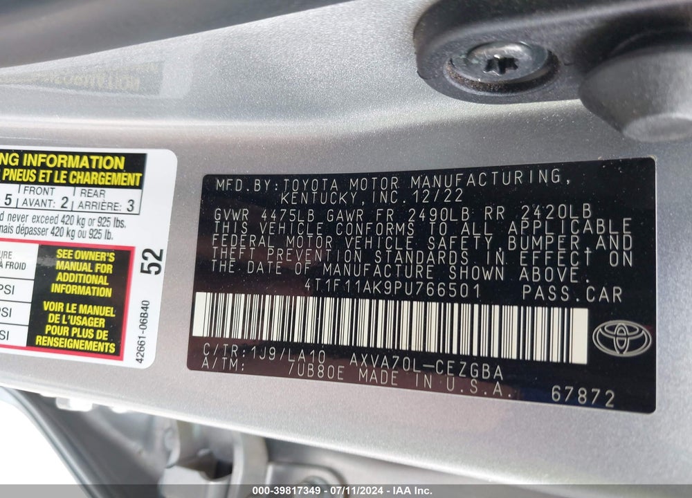 2023 TOYOTA CAMRY XLE VIN: 4T1F11AK9PU766501
