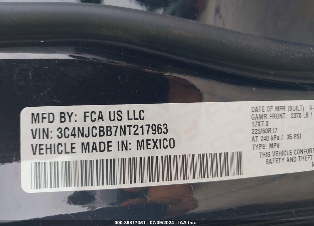 2022 JEEP COMPASS LATITUDE FWD VIN: 3C4NJCBB7NT217963