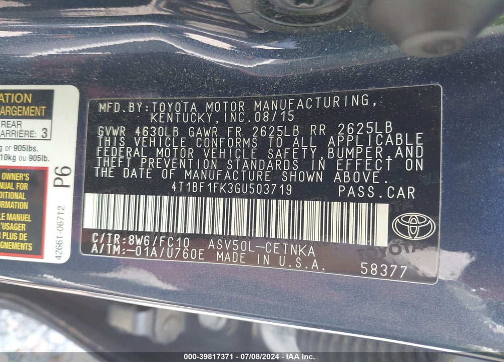 2016 TOYOTA CAMRY LE VIN: 4T1BF1FK3GU503719