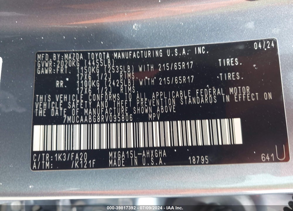 2024 TOYOTA COROLLA CROSS LE VIN: 7MUCAABG8RV095806