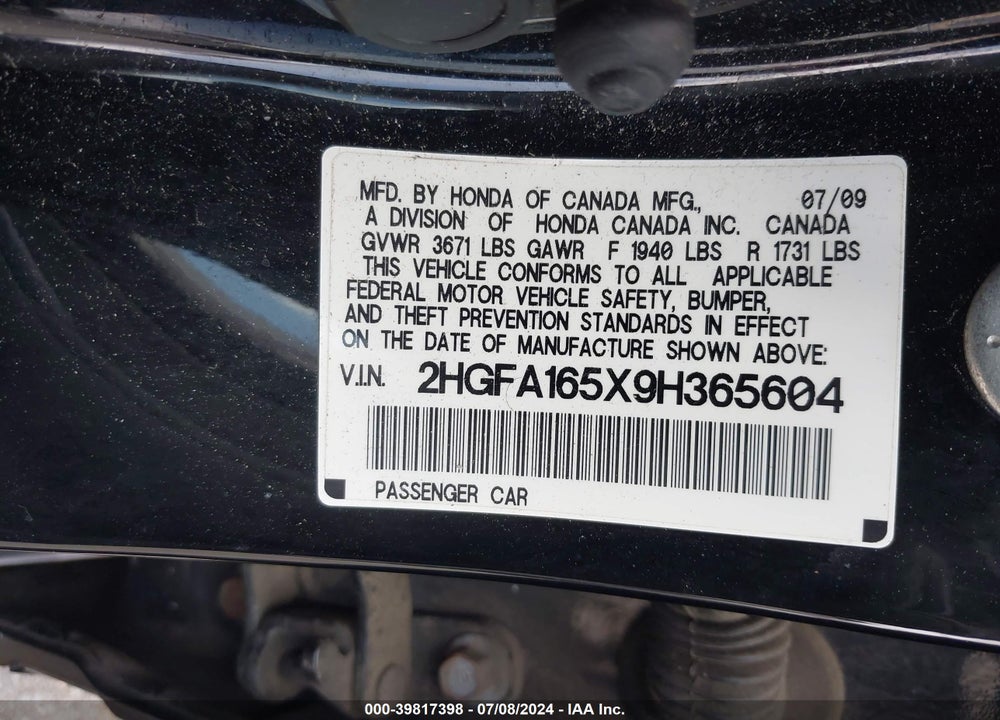 2009 HONDA CIVIC LX VIN: 2HGFA165X9H365604