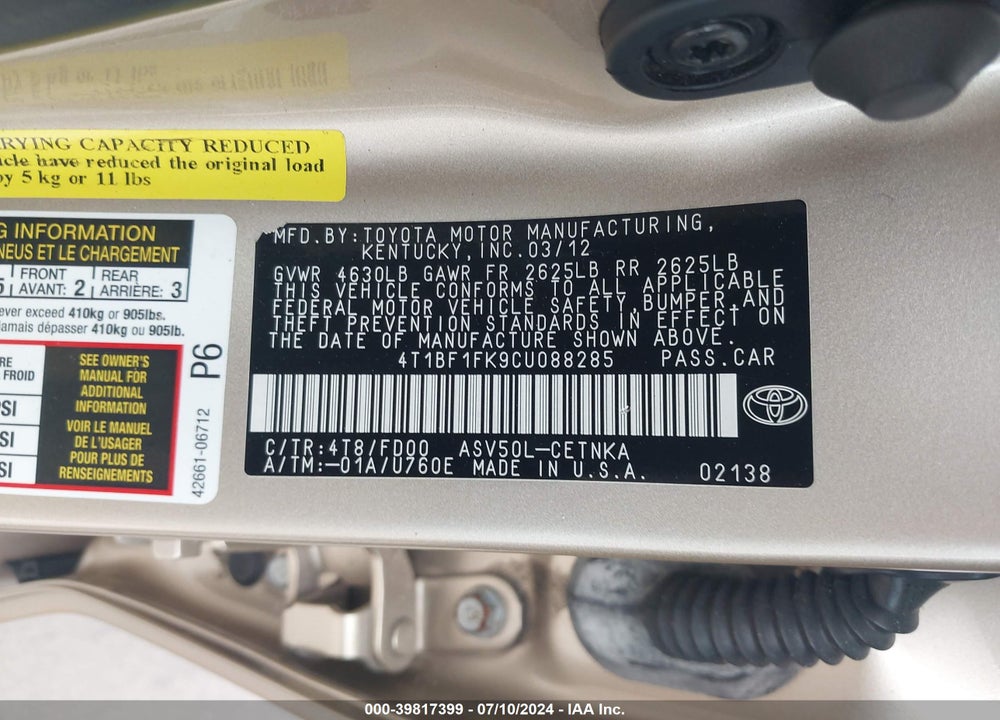 2012 TOYOTA CAMRY LE VIN: 4T1BF1FK9CU088285