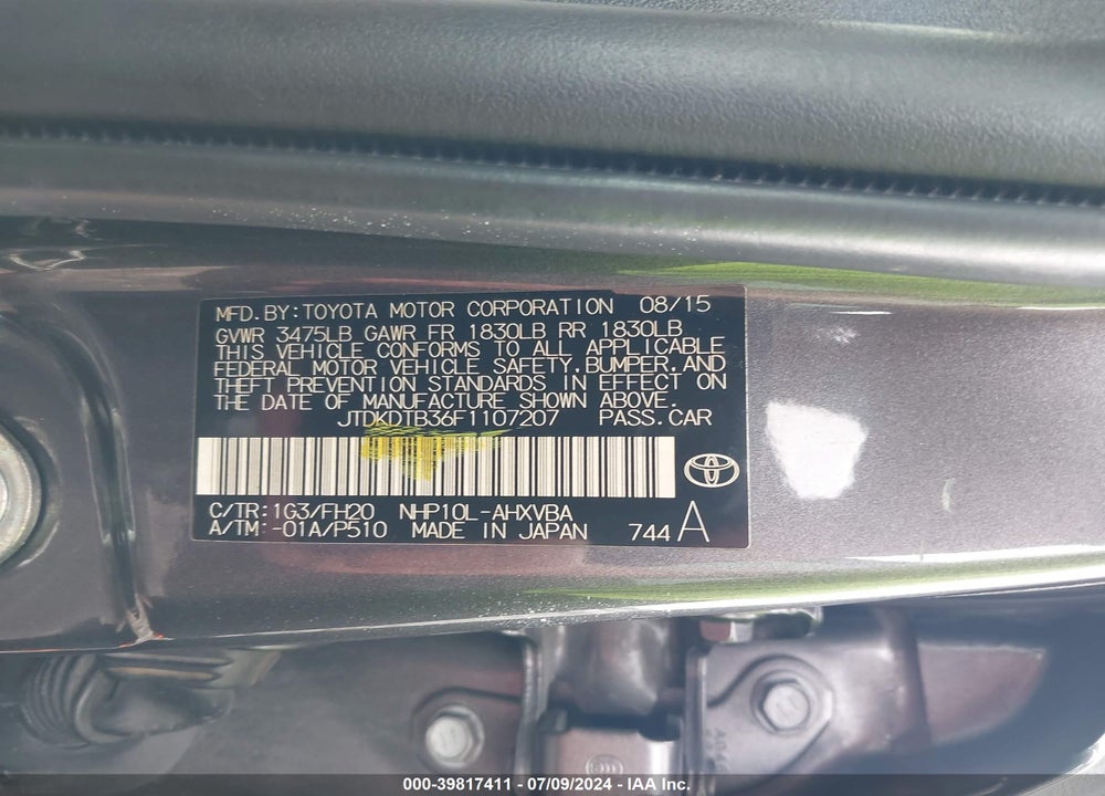 2015 TOYOTA PRIUS C FOUR/ONE/THREE/TWO VIN: JTDKDTB36F1107207