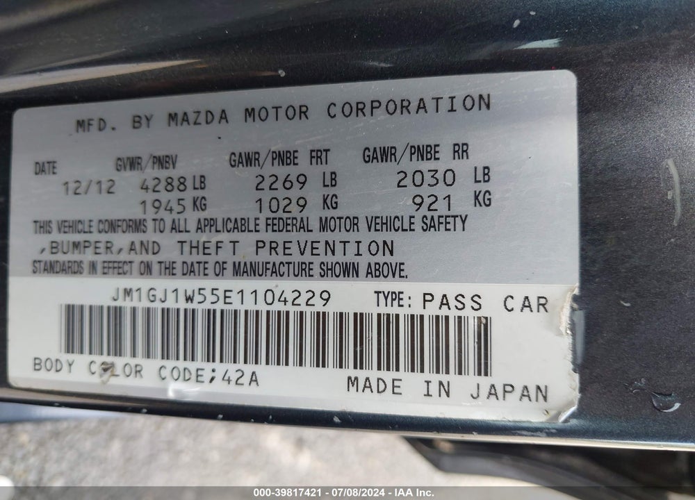 2014 MAZDA 6 I GRAND TOURING VIN: JM1GJ1W55E1104229