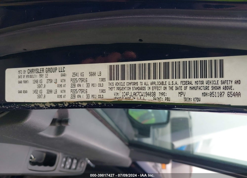 2012 JEEP LIBERTY SPORT VIN: 1C4PJLAK7CW194038