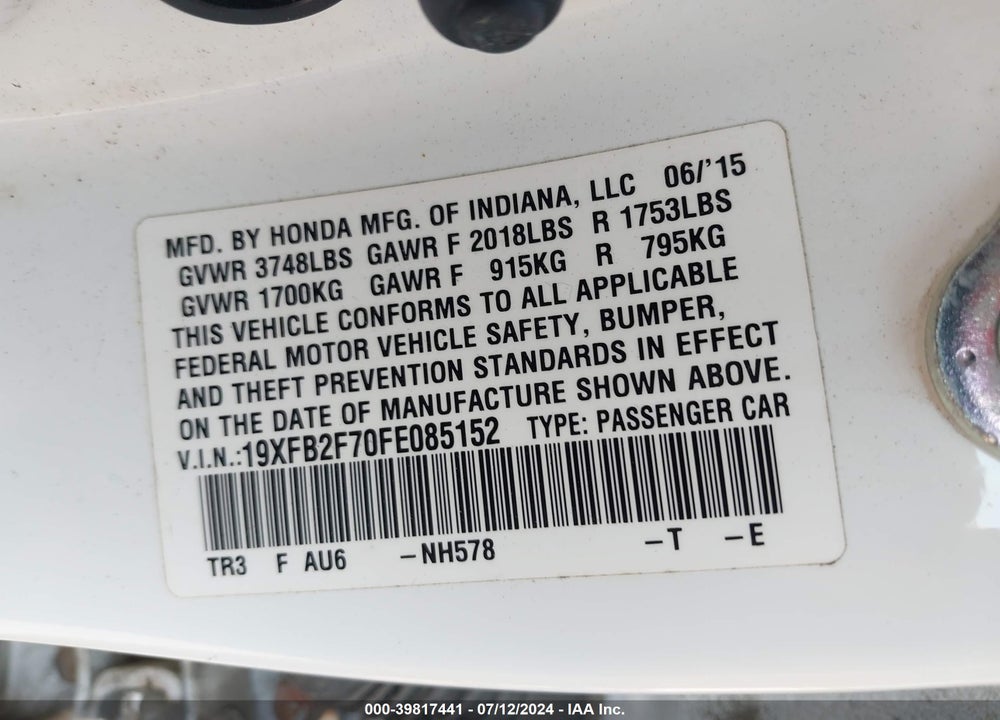 2015 HONDA CIVIC SE VIN: 19XFB2F70FE085152