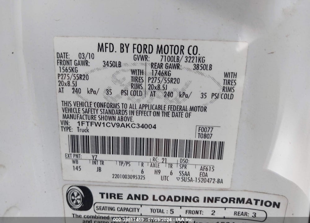 2010 FORD F-150 FX2 SPORT/HARLEY-DAVIDSON/KING RANCH/LARIAT/PLATINUM/XL/XLT VIN: 1FTFW1CV9AKC34004