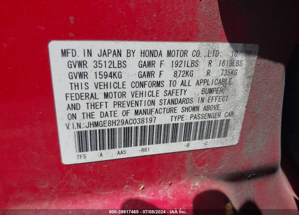 2010 HONDA FIT VIN: JHMGE8H29AC038197