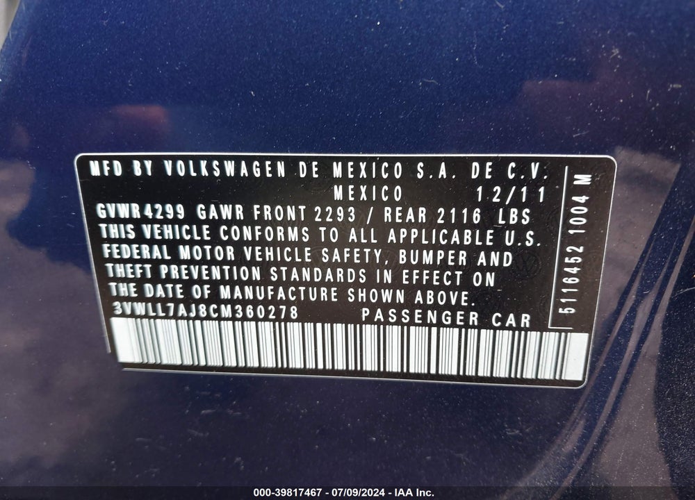 2012 VOLKSWAGEN JETTA 2.0L TDI VIN: 3VWLL7AJ8CM360278