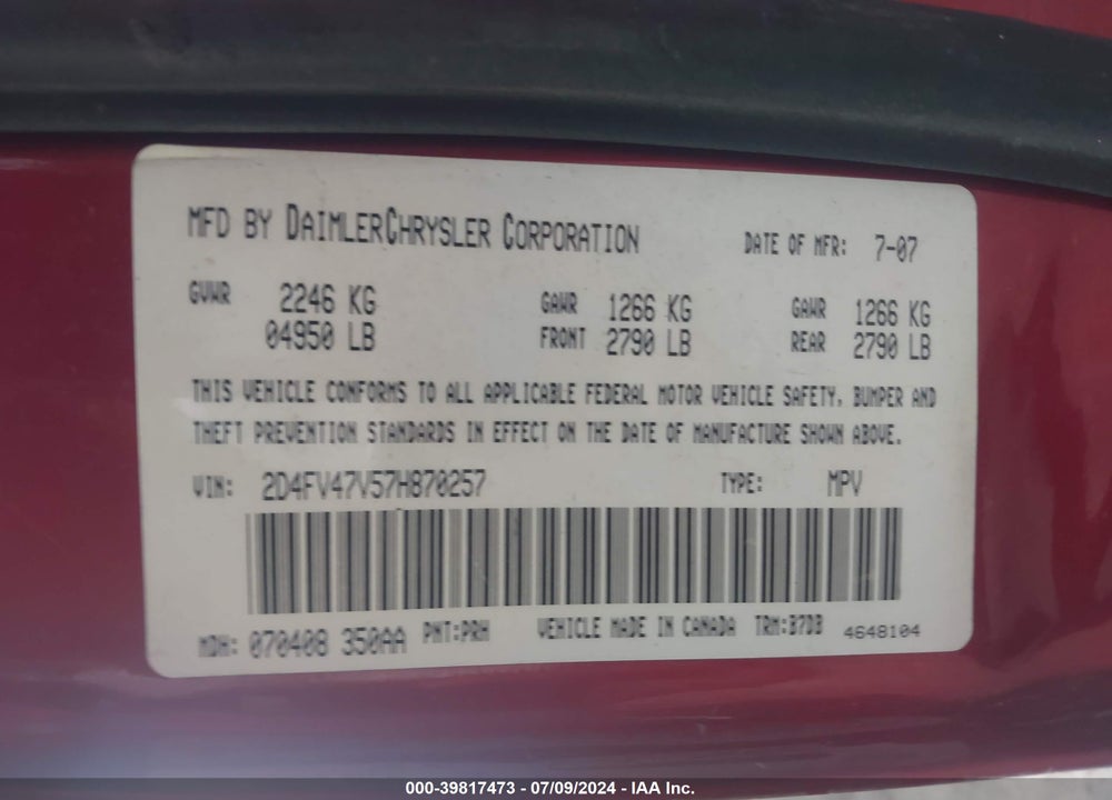 2007 DODGE MAGNUM VIN: 2D4FV47V57H870257