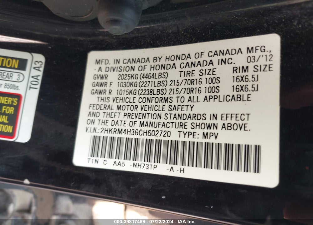2012 HONDA CR-V LX VIN: 2HKRM4H36CH602720