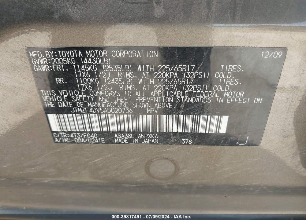 2010 TOYOTA RAV4 VIN: JTMZF4DV5A5020736
