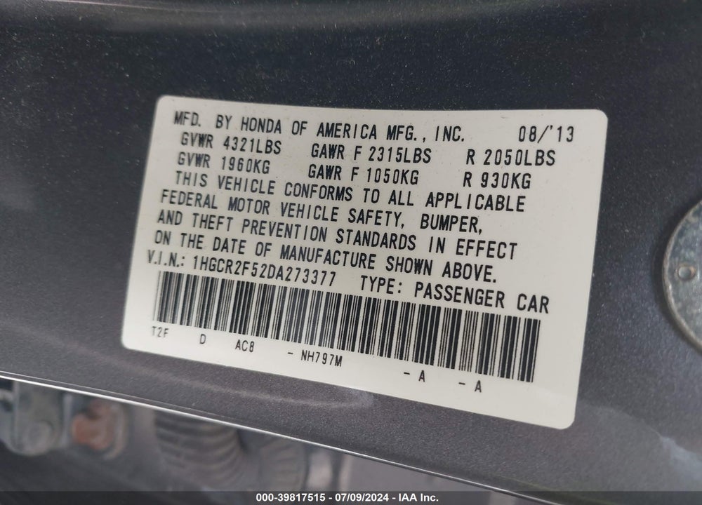 2013 HONDA ACCORD SPORT VIN: 1HGCR2F52DA273377