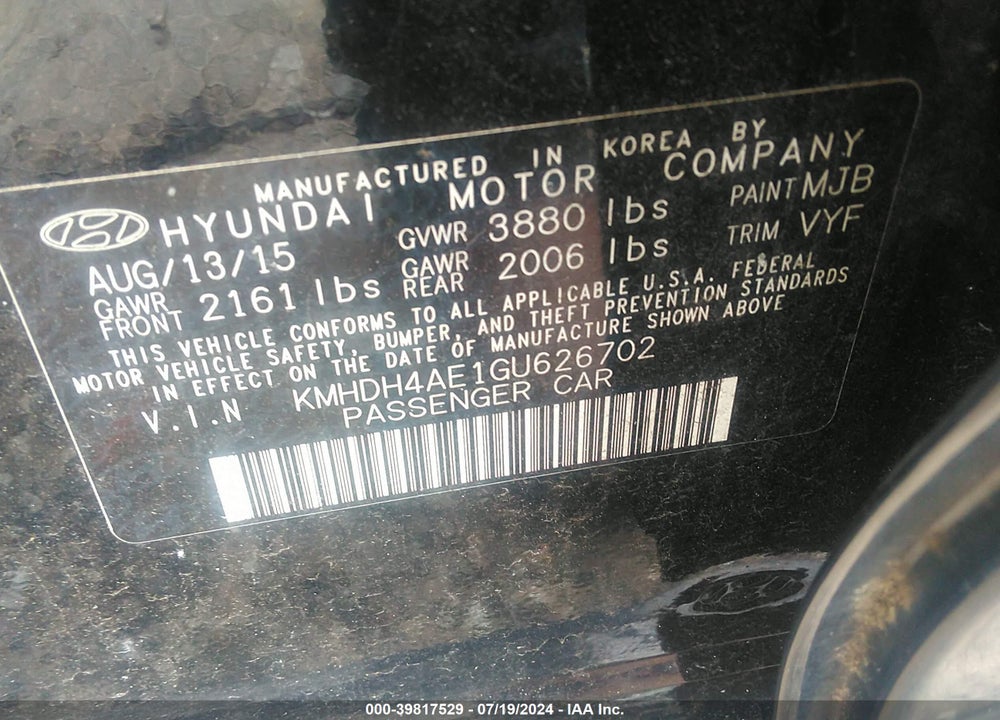 2016 HYUNDAI ELANTRA SE VIN: KMHDH4AE1GU626702