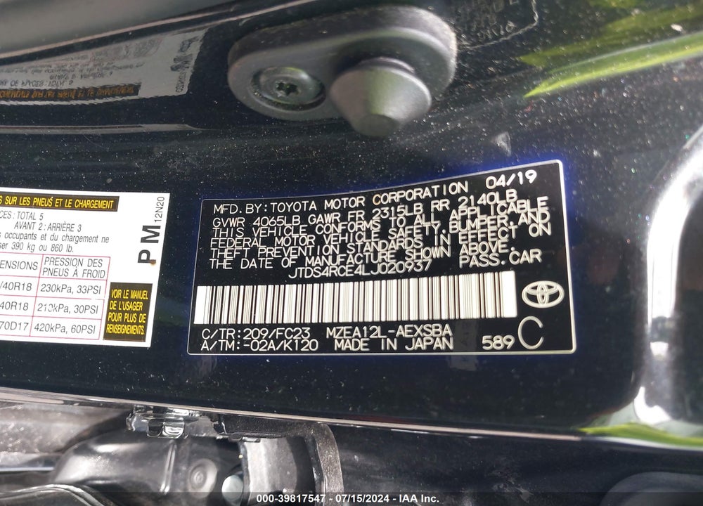 2020 TOYOTA COROLLA SE VIN: JTDS4RCE4LJ020937
