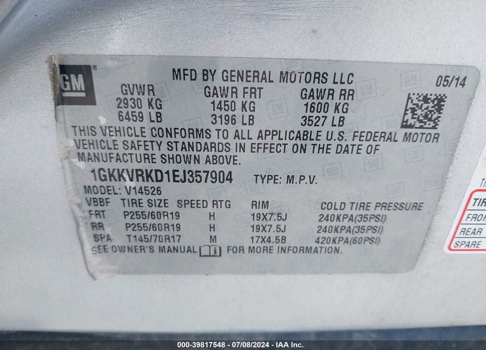 2014 GMC ACADIA SLT-1 VIN: 1GKKVRKD1EJ357904