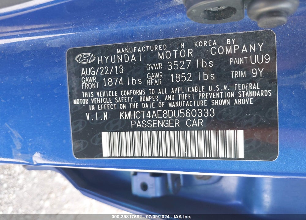 2013 HYUNDAI ACCENT GLS VIN: KMHCT4AE8DU560333