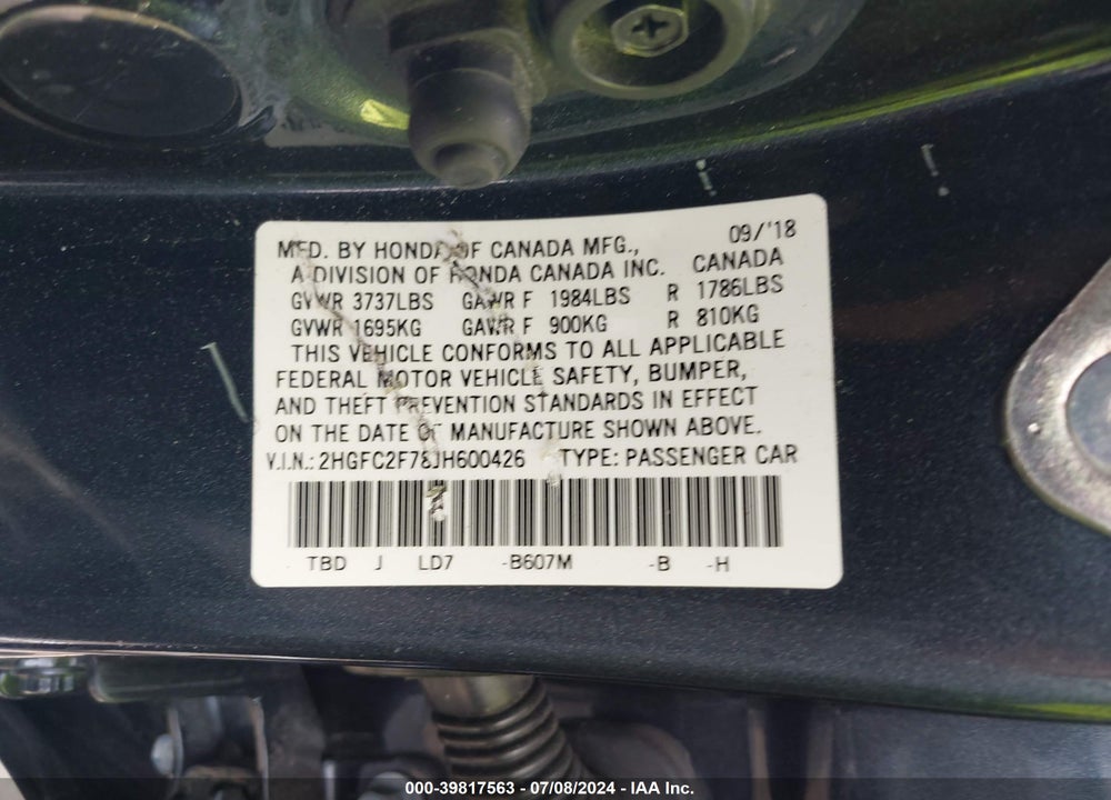 2018 HONDA CIVIC EX VIN: 2HGFC2F78JH600426