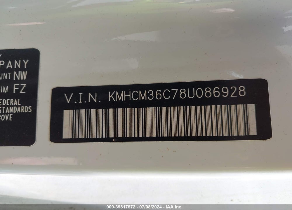 2008 HYUNDAI ACCENT GS VIN: KMHCM36C78U086928