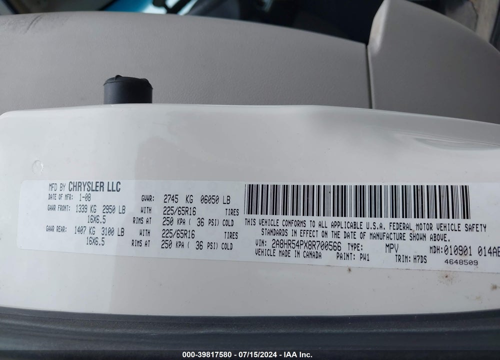 2008 CHRYSLER TOWN & COUNTRY TOURING VIN: 2A8HR54PX8R700566