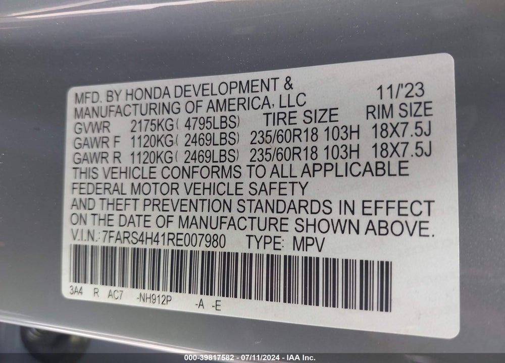 2024 HONDA CR-V EX AWD VIN: 7FARS4H41RE007980