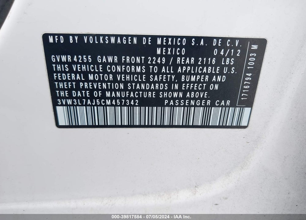 2012 VOLKSWAGEN JETTA 2.0L TDI VIN: 3VW3L7AJ5CM457342