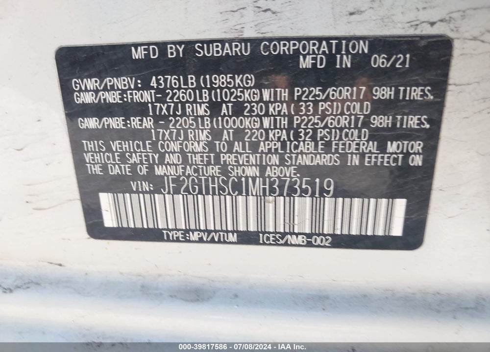 2021 SUBARU CROSSTREK SPORT VIN: JF2GTHSC1MH373519