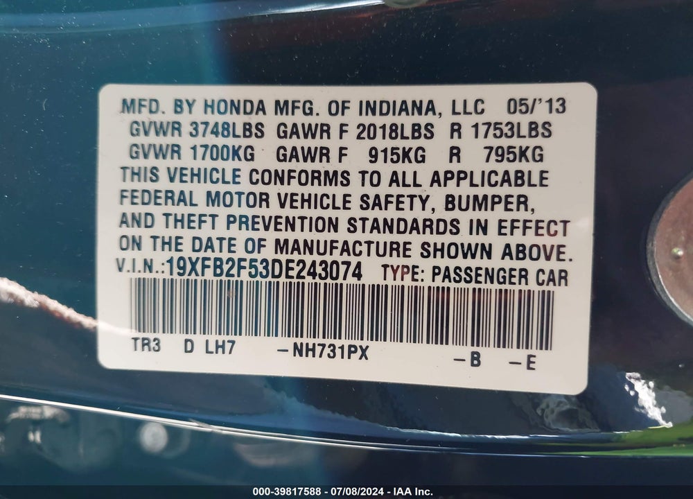 2013 HONDA CIVIC LX VIN: 19XFB2F53DE243074