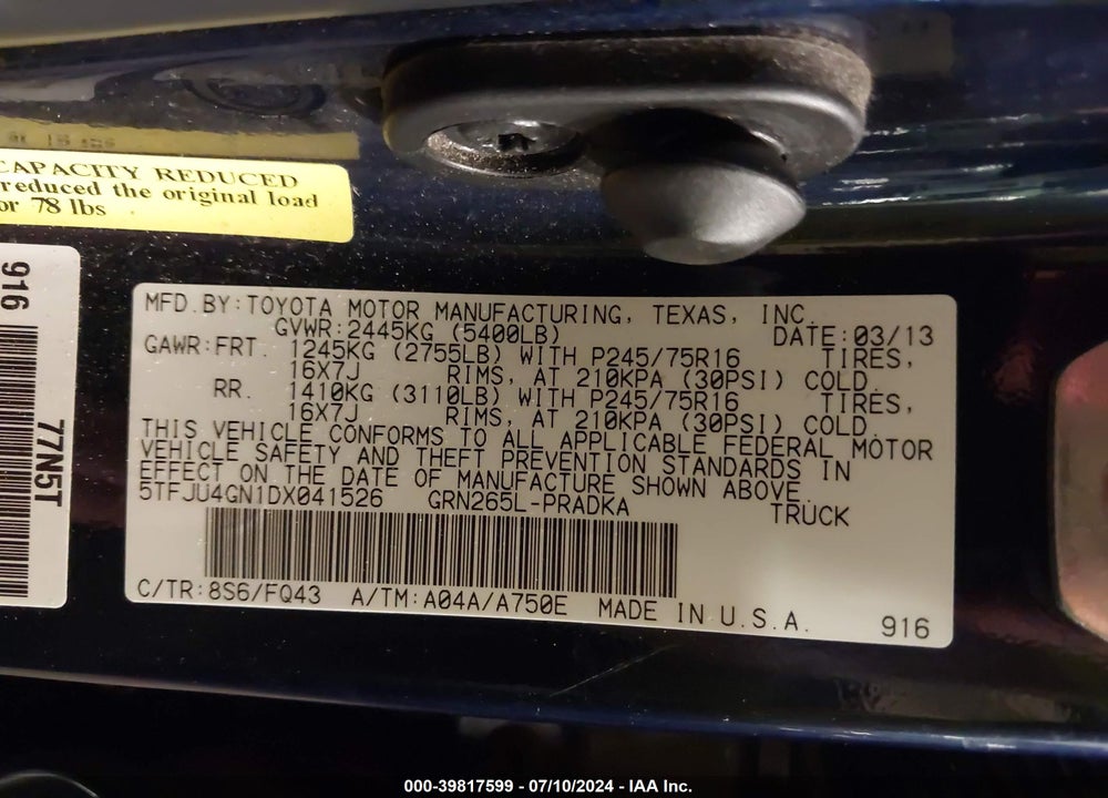 2013 TOYOTA TACOMA PRERUNNER V6 VIN: 5TFJU4GN1DX041526