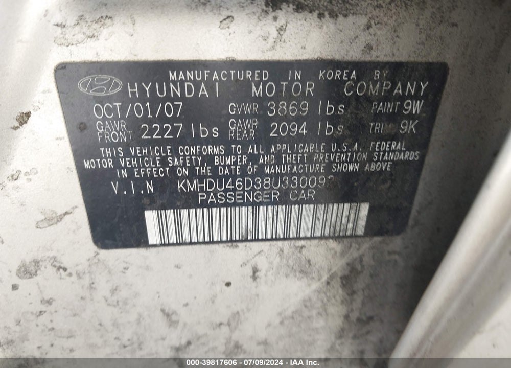 2008 HYUNDAI ELANTRA GLS/SE VIN: KMHDU46D38U330092
