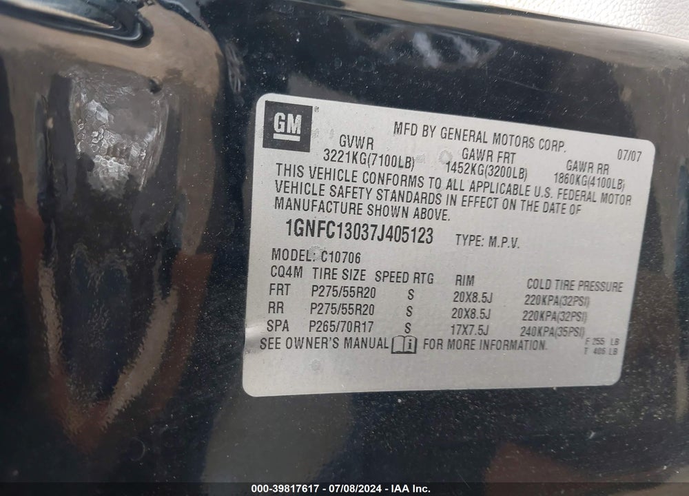 2007 CHEVROLET TAHOE LTZ VIN: 1GNFC13037J405123