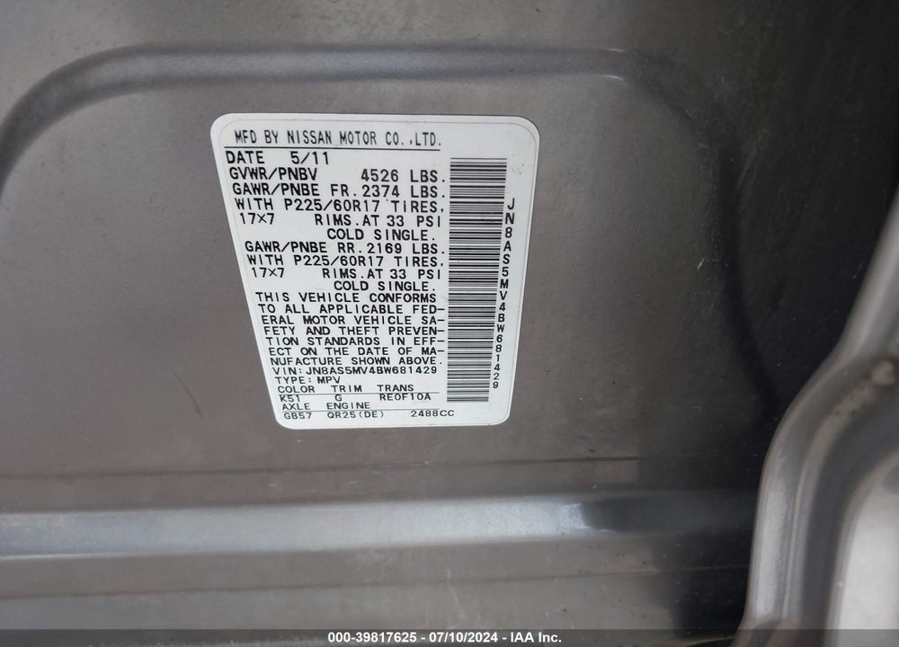 2011 NISSAN ROGUE SV VIN: JN8AS5MV4BW681429