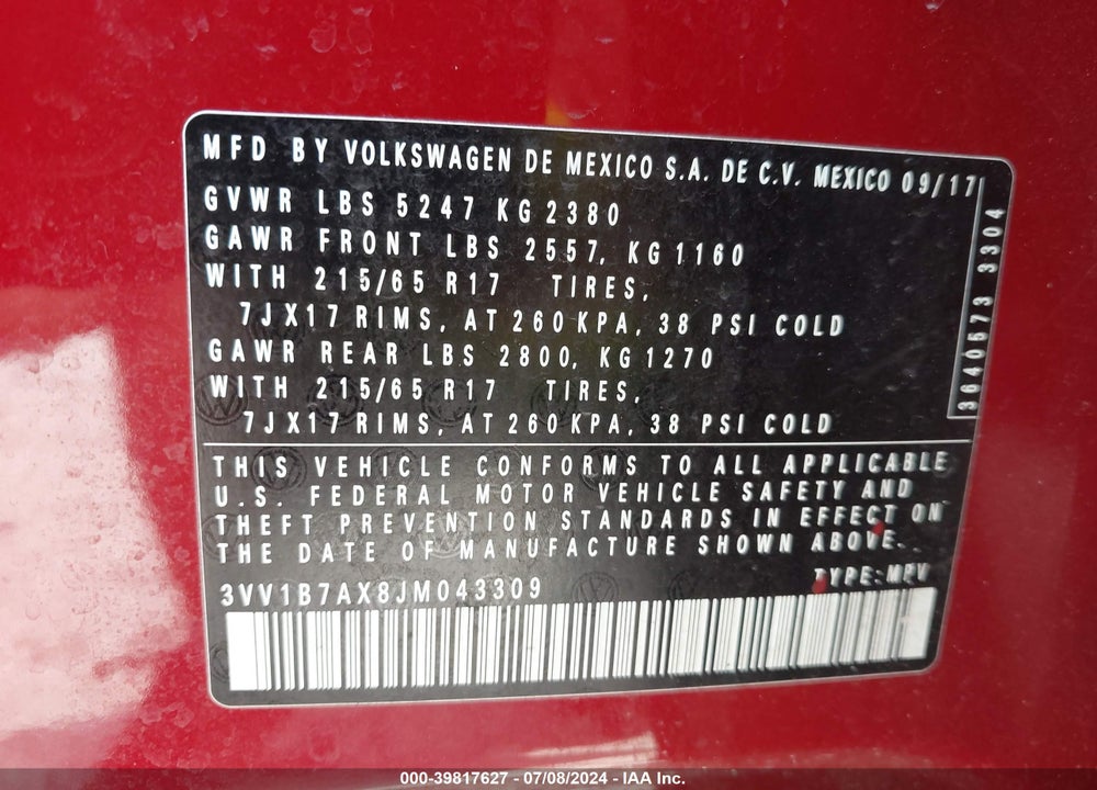 2018 VOLKSWAGEN TIGUAN 2.0T S VIN: 3VV1B7AX8JM043309