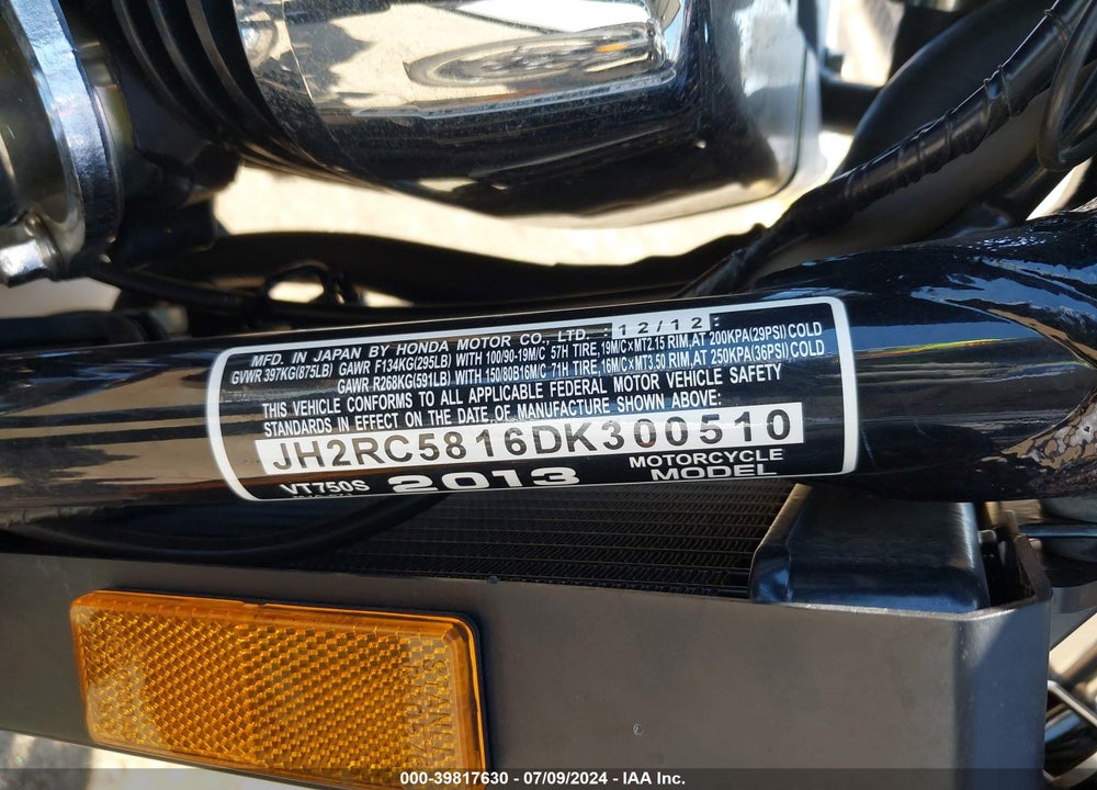 2013 HONDA VT750 S VIN: JH2RC5816DK300510