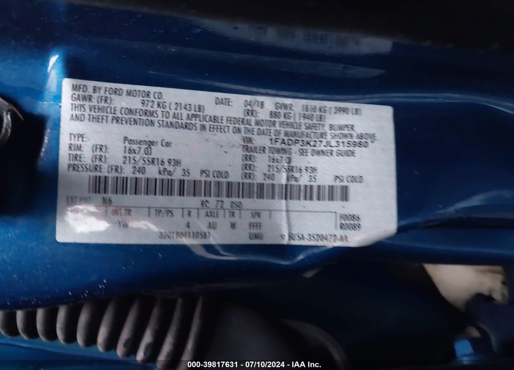 2018 FORD FOCUS SE VIN: 1FADP3K27JL315980