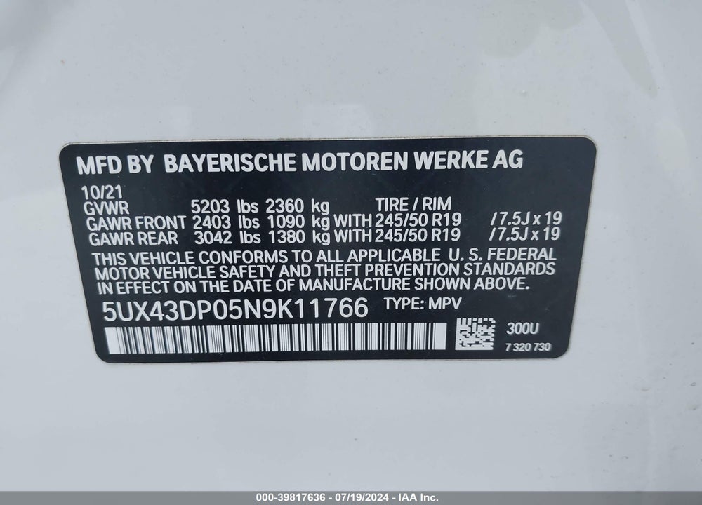 2022 BMW X3 VIN: 5UX43DP05N9K11766