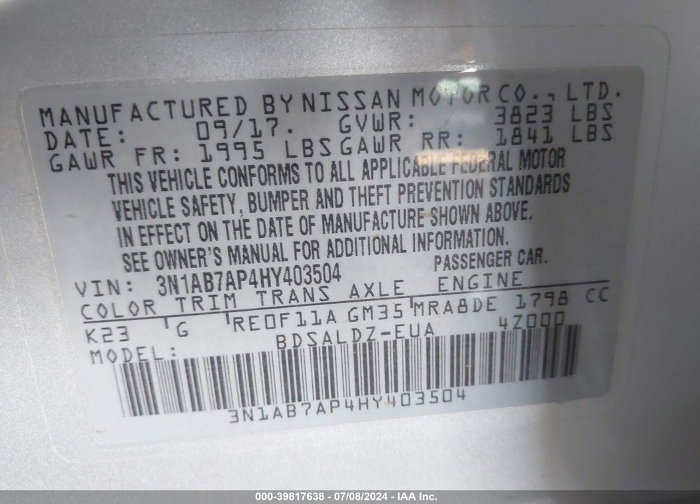2017 NISSAN SENTRA SV VIN: 3N1AB7AP4HY403504