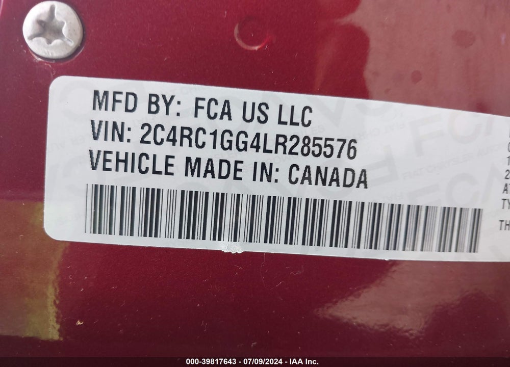 2020 CHRYSLER PACIFICA LIMITED VIN: 2C4RC1GG4LR285576