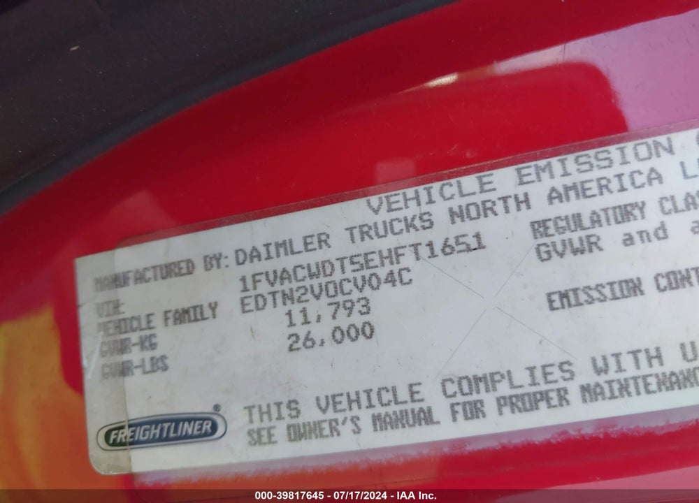 2014 FREIGHTLINER M2 106 MEDIUM DUTY VIN: 1FVACWDT5EHFT1651