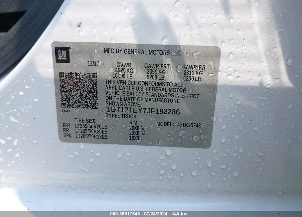 2018 GMC SIERRA 2500HD SLT VIN: 1GT12TEY7JF192286