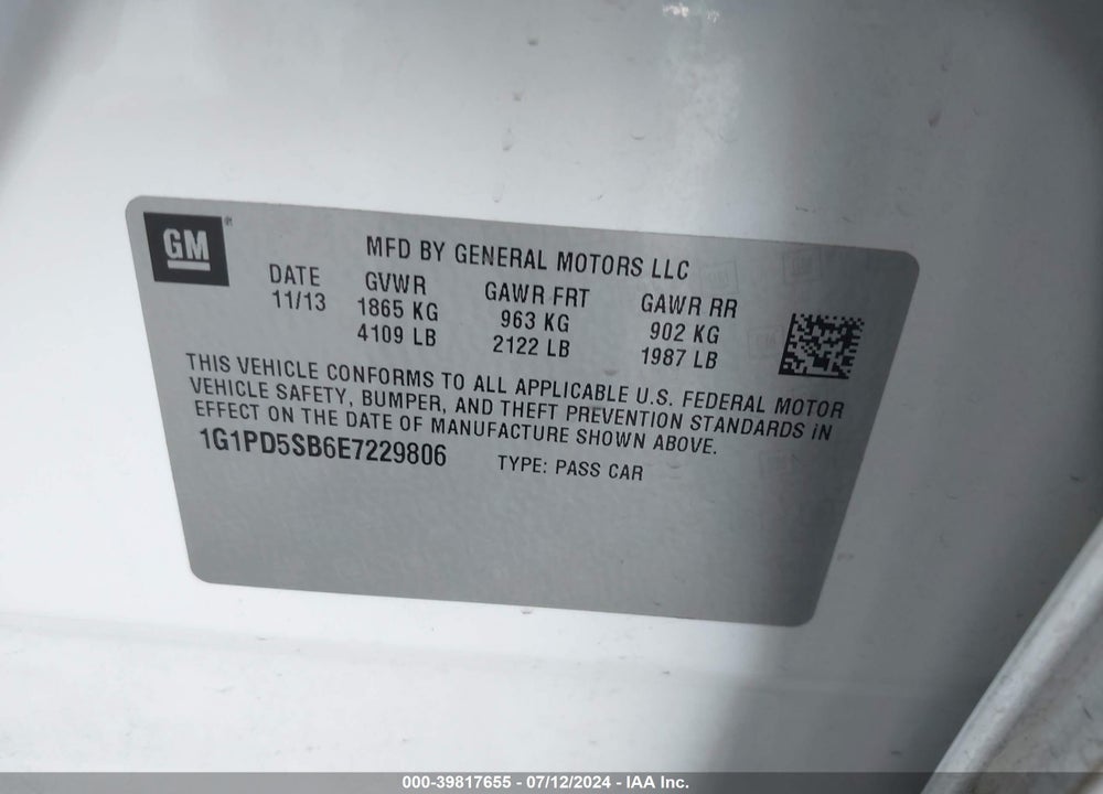 2014 CHEVROLET CRUZE 1LT MANUAL VIN: 1G1PD5SB6E7229806