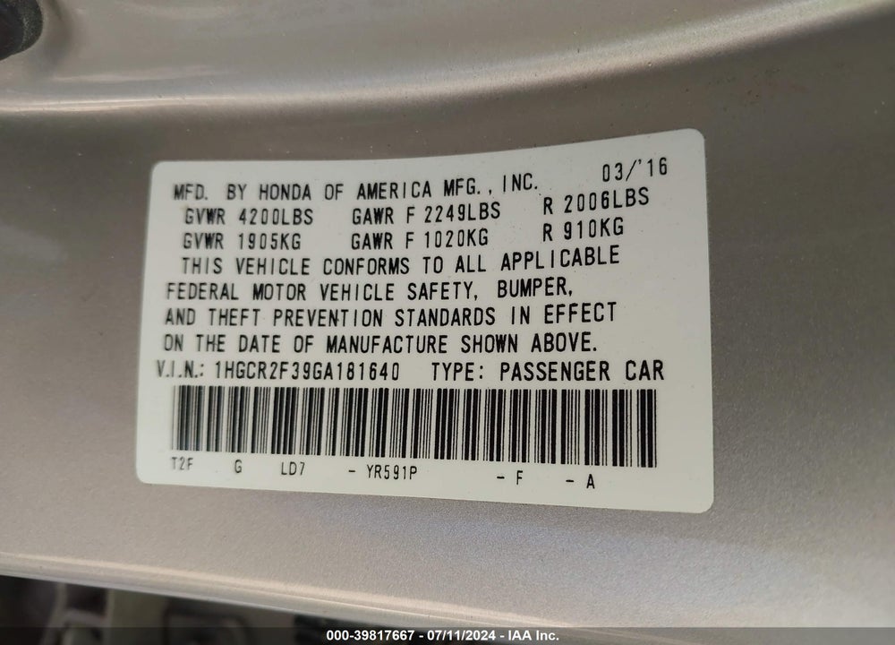 2016 HONDA ACCORD LX VIN: 1HGCR2F39GA181640