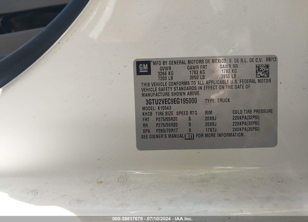 2014 GMC SIERRA 1500 SLT VIN: 3GTU2VEC9EG195000