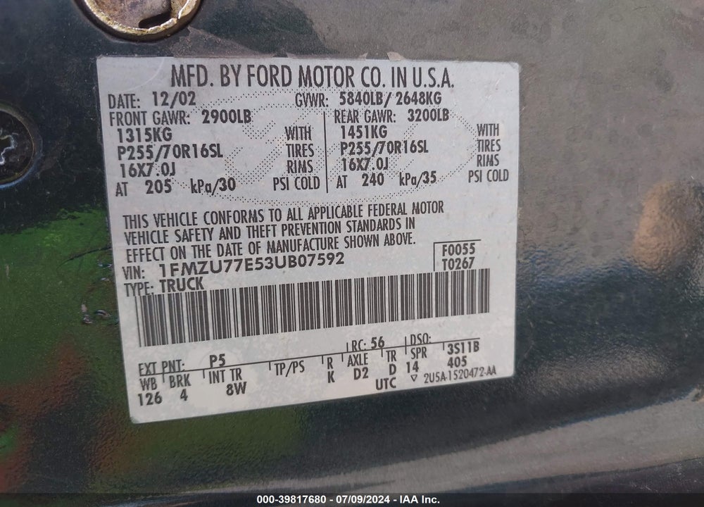 2003 FORD EXPLORER SPORT TRAC XLS/XLT VIN: 1FMZU77E53UB07592