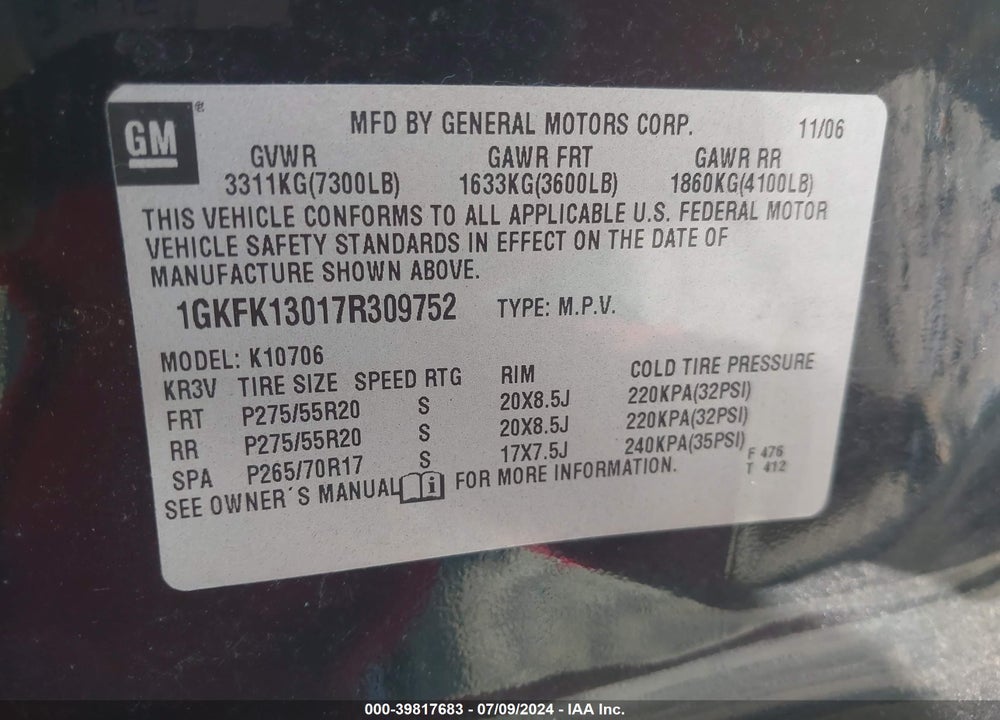 2007 GMC YUKON SLT VIN: 1GKFK13017R309752