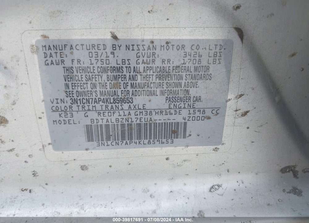 2019 NISSAN VERSA 1.6 SV VIN: 3N1CN7AP4KL859653