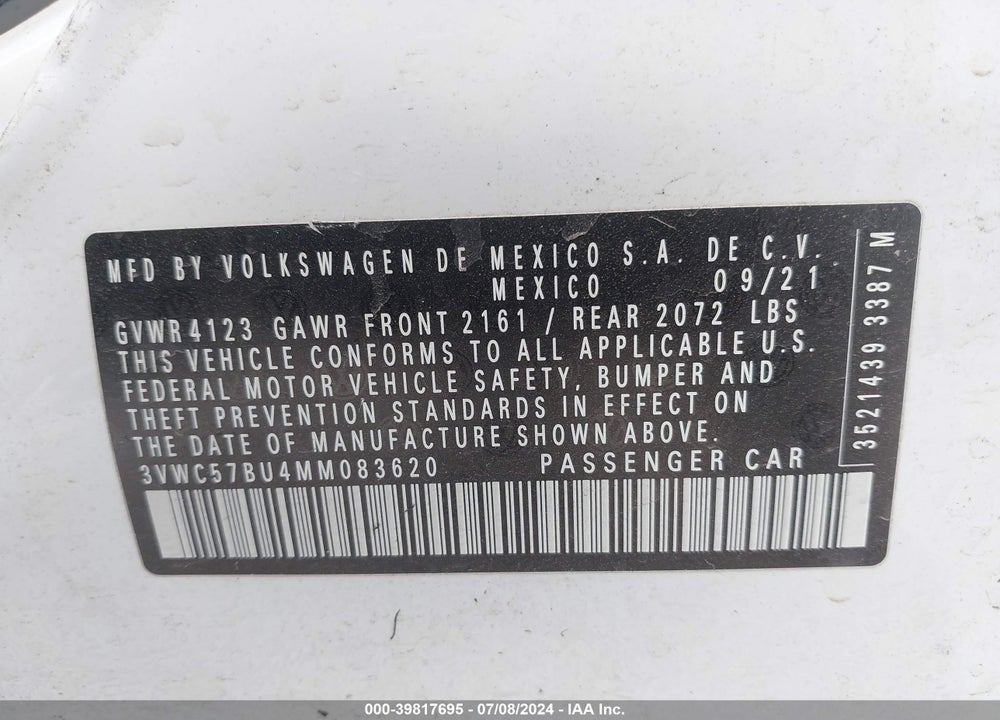 2021 VOLKSWAGEN JETTA 1.4T R-LINE/1.4T S/1.4T SE VIN: 3VWC57BU4MM083620