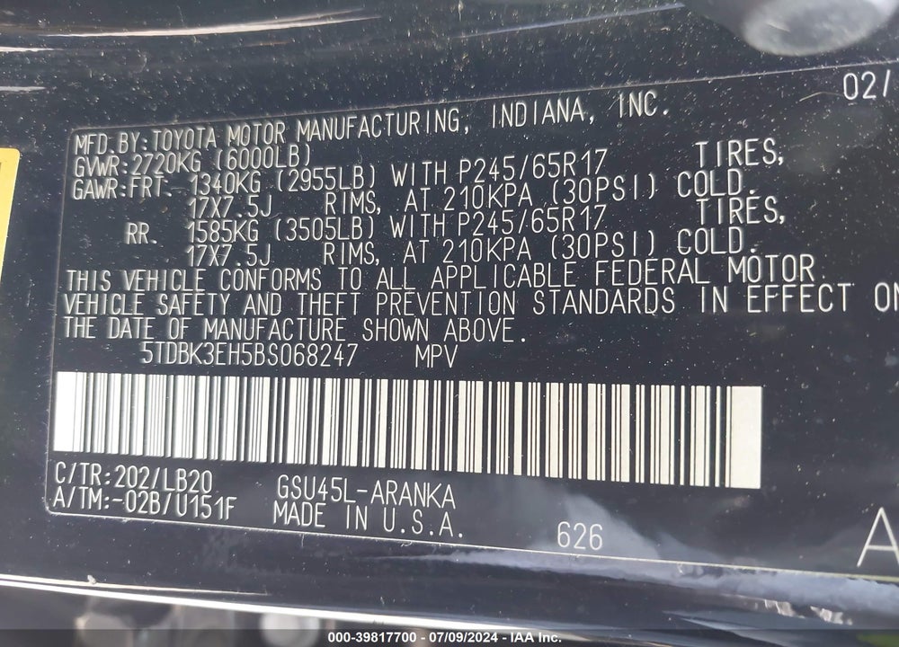 2011 TOYOTA HIGHLANDER SE V6 VIN: 5TDBK3EH5BS068247