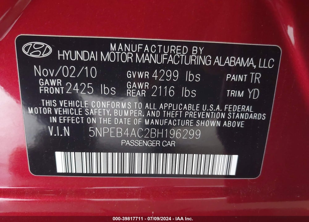 2011 HYUNDAI SONATA GLS VIN: 5NPEB4AC2BH196299