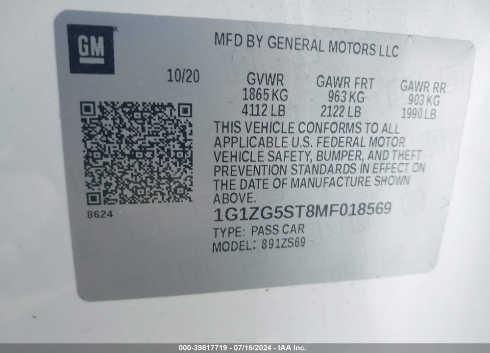 2021 CHEVROLET MALIBU FWD RS VIN: 1G1ZG5ST8MF018569